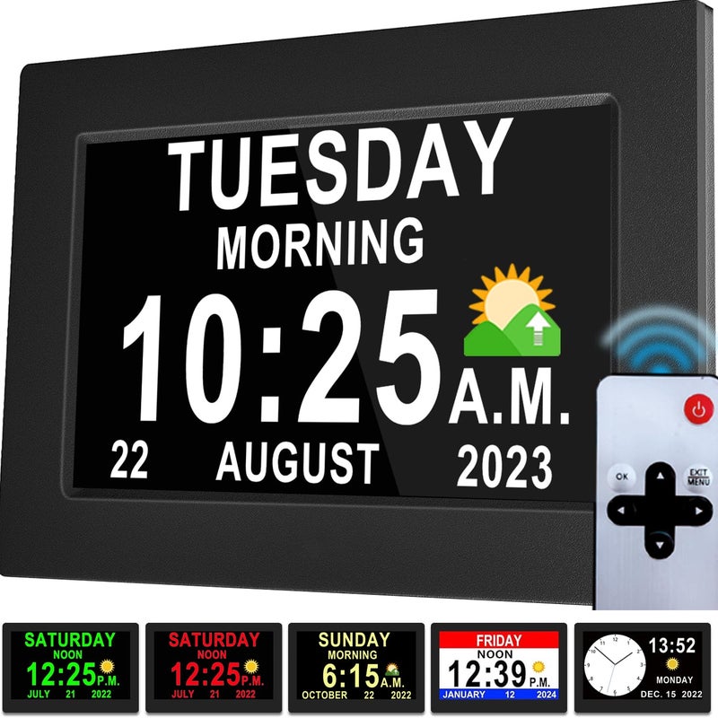 VÃ©faÃ®Ã® [New Version] 7 Inch Day Clock - 19 Alarms,20 Custom Reminder, Remote Control, Level 10 Auto Dimmable Display Calendar Clock, Non-Abbreviated Day Date Alarm Clock for Impaired Vision Dementia Seniors - Image 1